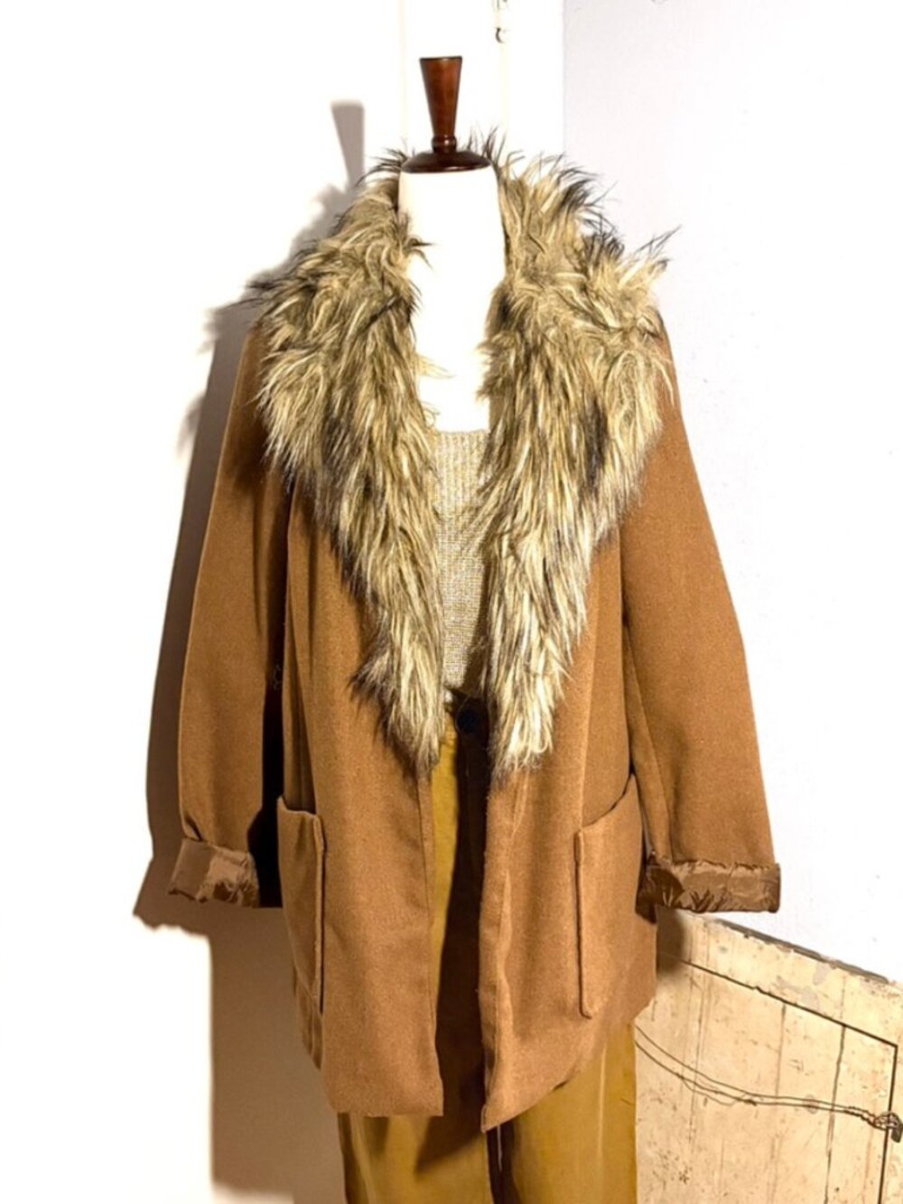 Tan Faux Fur Collar Jacket Penny Lane Style 1970s Style size Small
